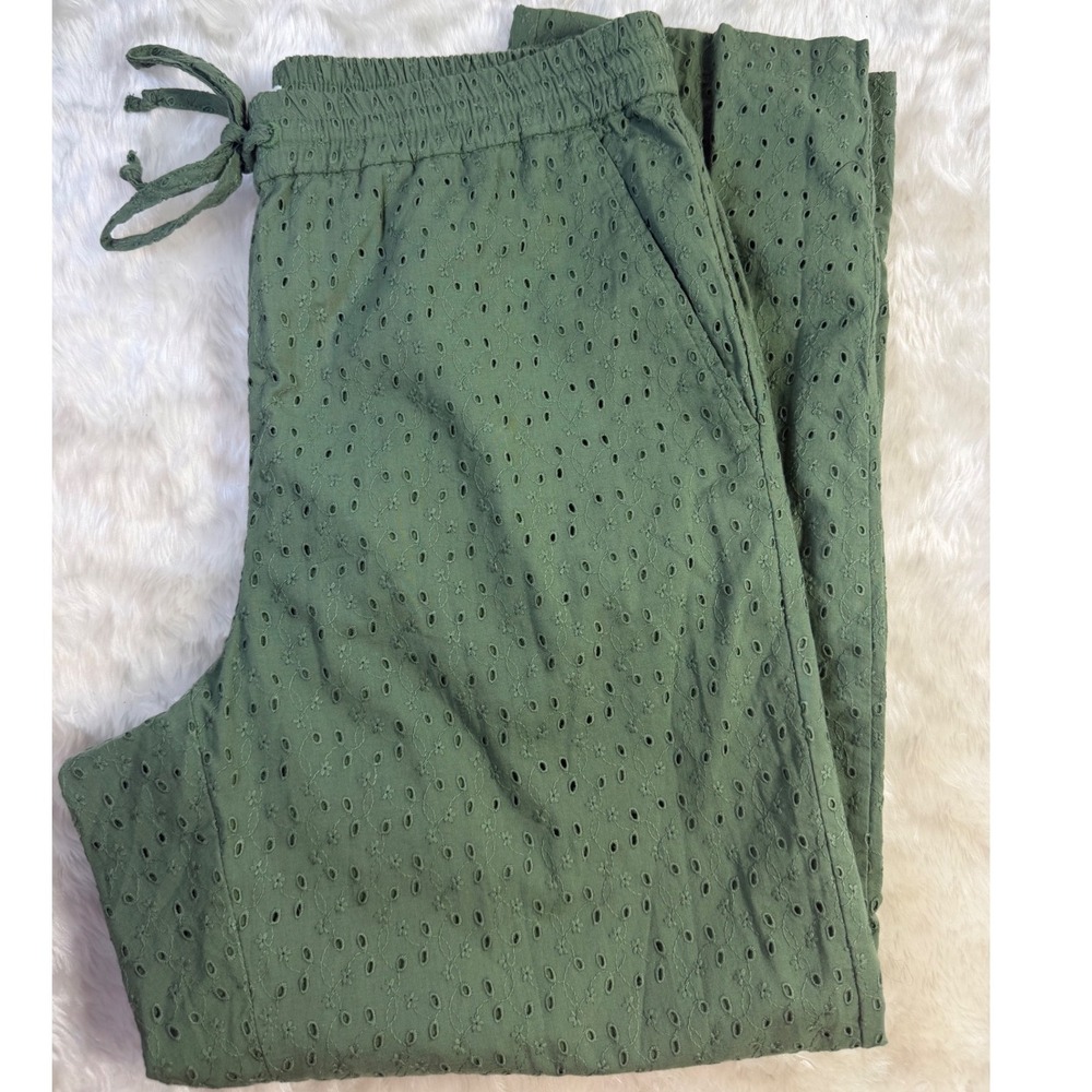 J.Crew Mercantile Womens Olive Green Eyelet Cotton Wide Leg Pants Size Small